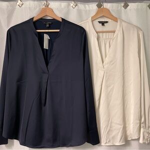 Banana Republic Black and White Buttoned Blouse with Mandarin Collar